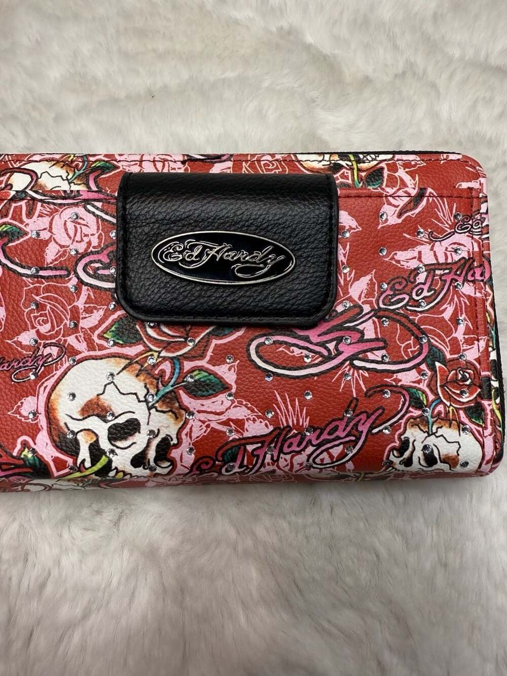 Ed Hardy Women's Skull & Rose Tattoo Print Zip Around Wristlet Wallet